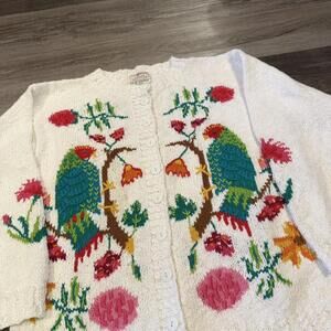 vintage Susan Bristol parrot flowers knit cardigan sweater